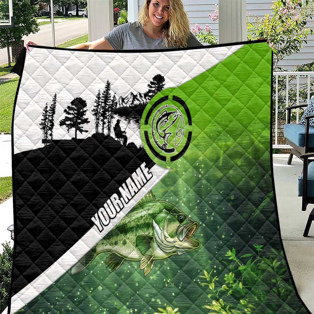 Green and Black Largemouth Bass Fishing Quilt Custom Name Design and Angler Silhouette Illustration - Wonder Print Shop