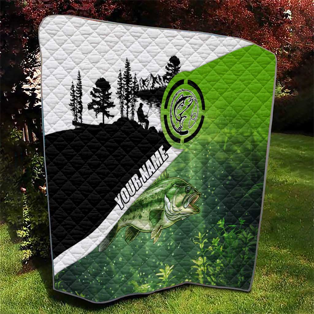 Green and Black Largemouth Bass Fishing Quilt Custom Name Design and Angler Silhouette Illustration - Wonder Print Shop