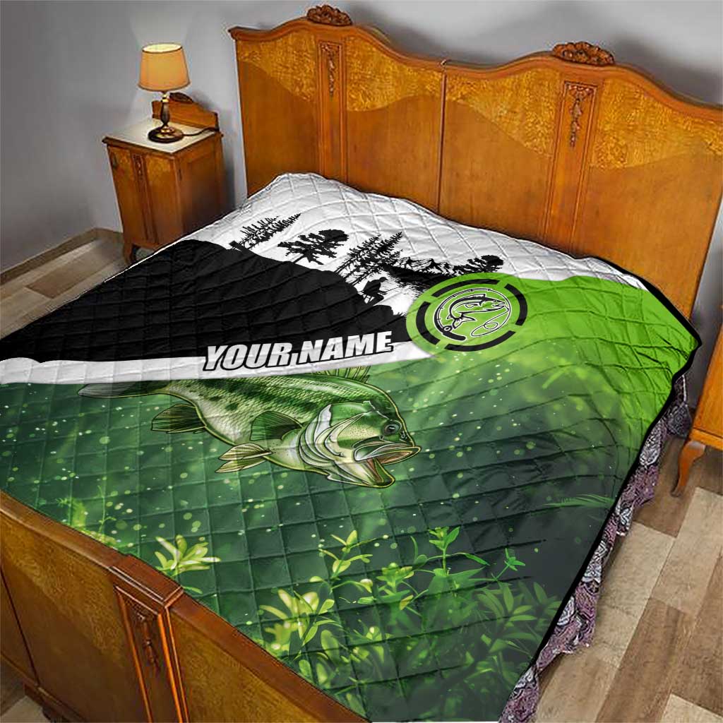 Green and Black Largemouth Bass Fishing Quilt Custom Name Design and Angler Silhouette Illustration - Wonder Print Shop