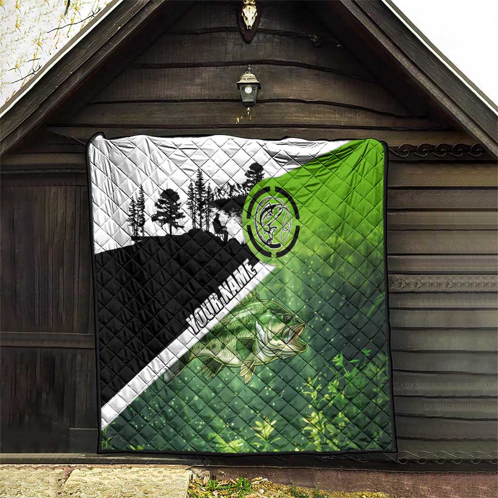 Green and Black Largemouth Bass Fishing Quilt Custom Name Design and Angler Silhouette Illustration - Wonder Print Shop