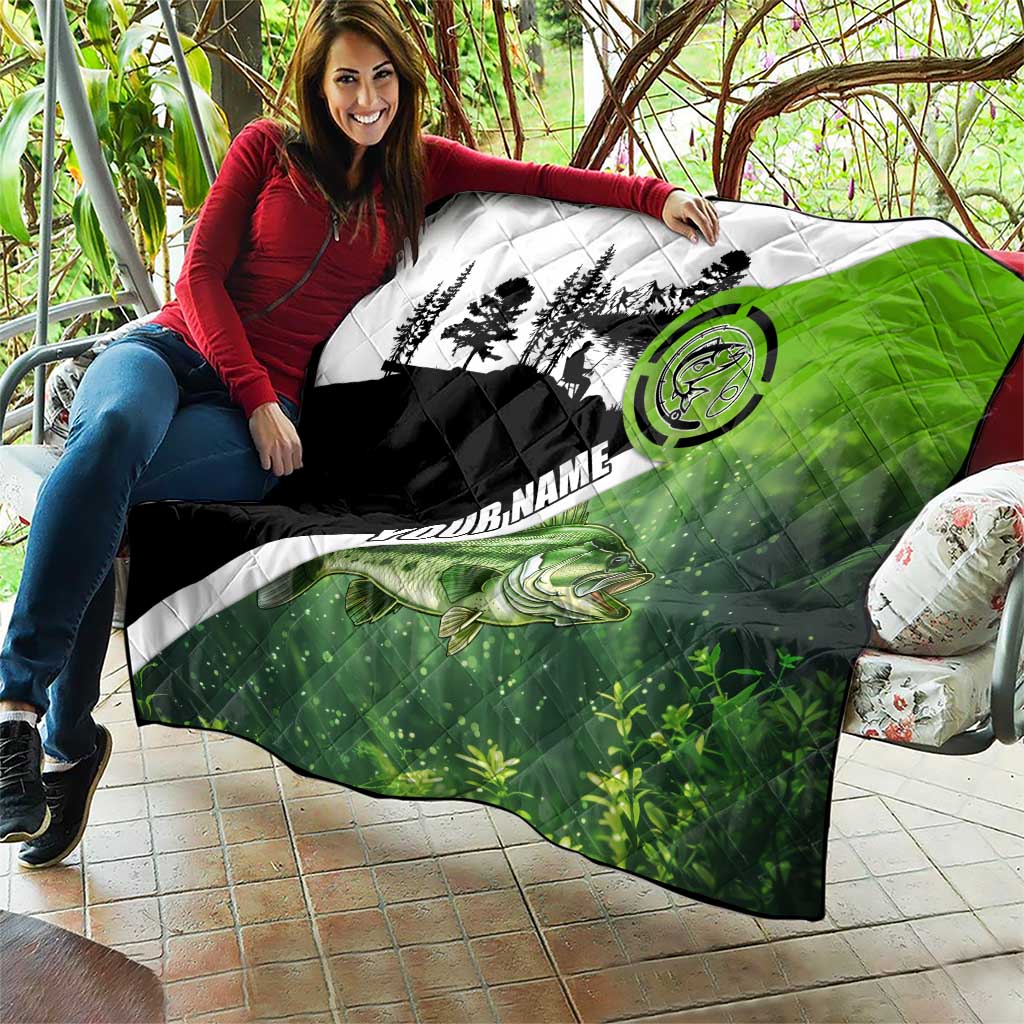 Green and Black Largemouth Bass Fishing Quilt Custom Name Design and Angler Silhouette Illustration - Wonder Print Shop