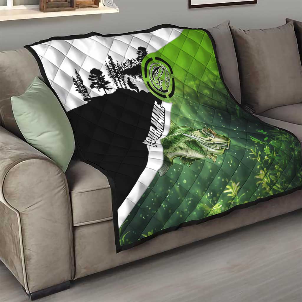 Green and Black Largemouth Bass Fishing Quilt Custom Name Design and Angler Silhouette Illustration - Wonder Print Shop