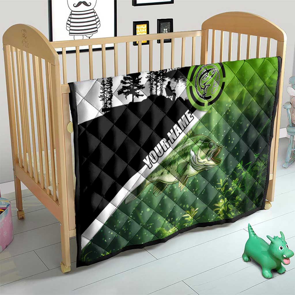Green and Black Largemouth Bass Fishing Quilt Custom Name Design and Angler Silhouette Illustration - Wonder Print Shop