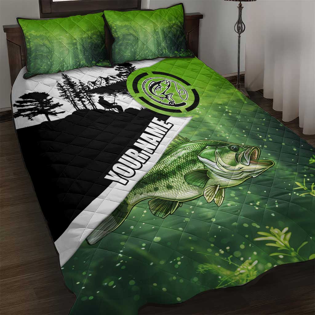 Green and Black Largemouth Bass Fishing Quilt Bed Set Custom Name Design and Angler Silhouette Illustration - Wonder Print Shop