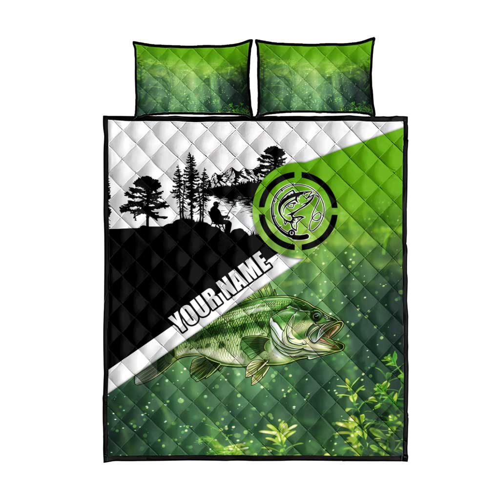 Green and Black Largemouth Bass Fishing Quilt Bed Set Custom Name Design and Angler Silhouette Illustration - Wonder Print Shop