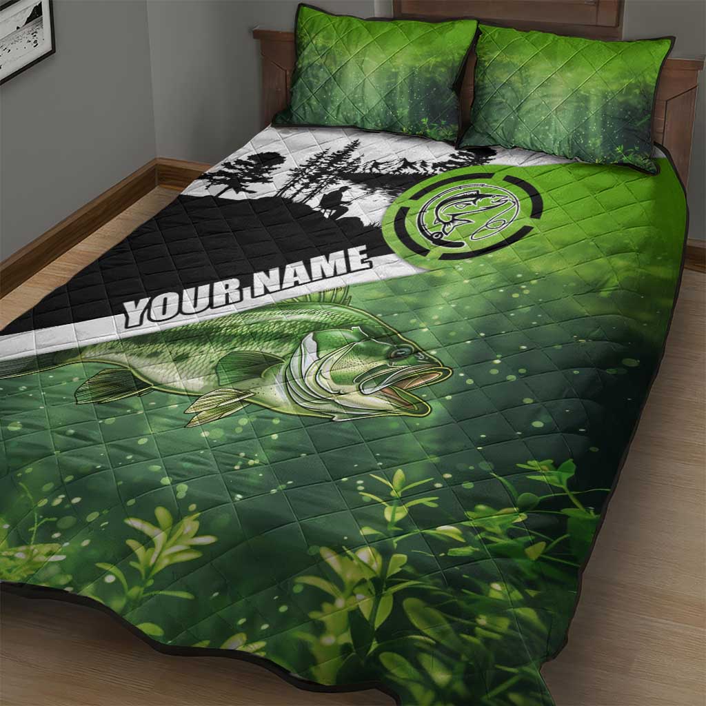 Green and Black Largemouth Bass Fishing Quilt Bed Set Custom Name Design and Angler Silhouette Illustration - Wonder Print Shop