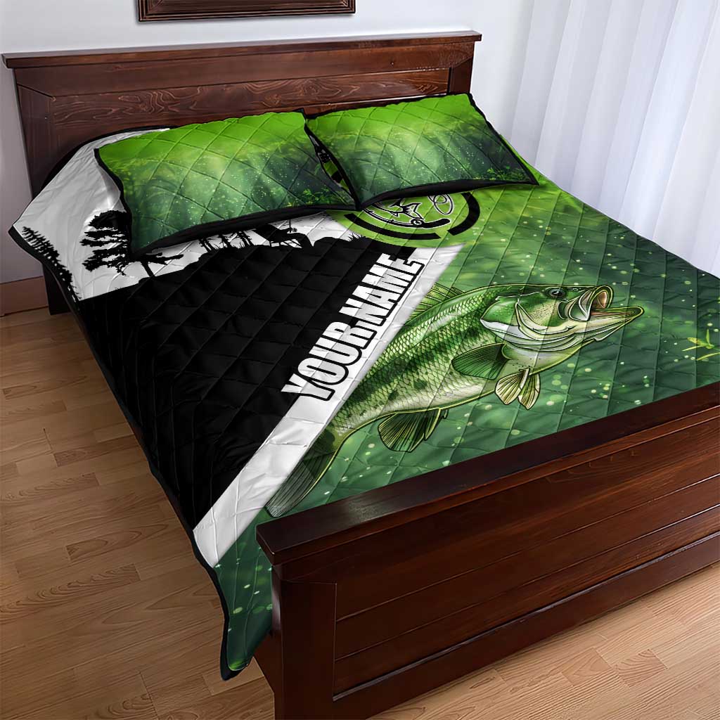 Green and Black Largemouth Bass Fishing Quilt Bed Set Custom Name Design and Angler Silhouette Illustration - Wonder Print Shop