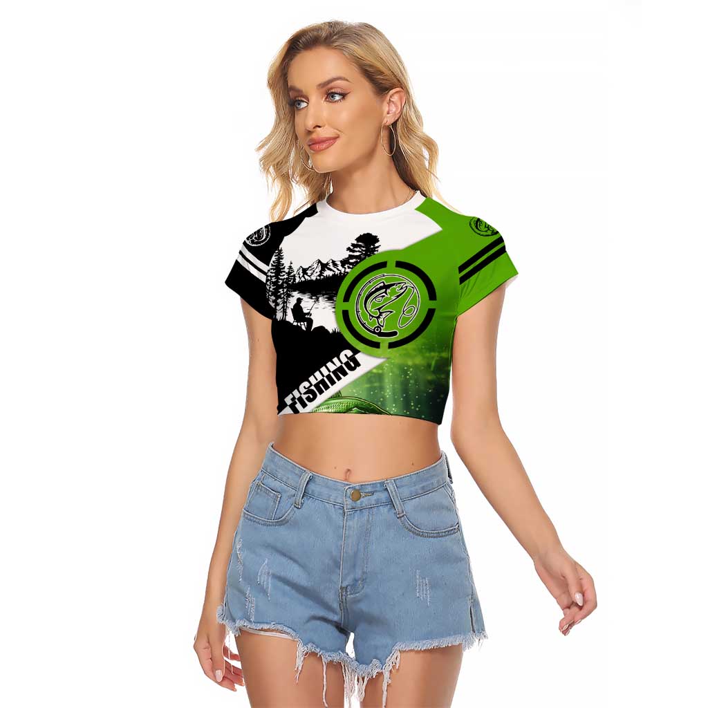 Green and Black Largemouth Bass Fishing Raglan Cropped T Shirt Custom Name Design and Angler Silhouette Illustration - Wonder Print Shop