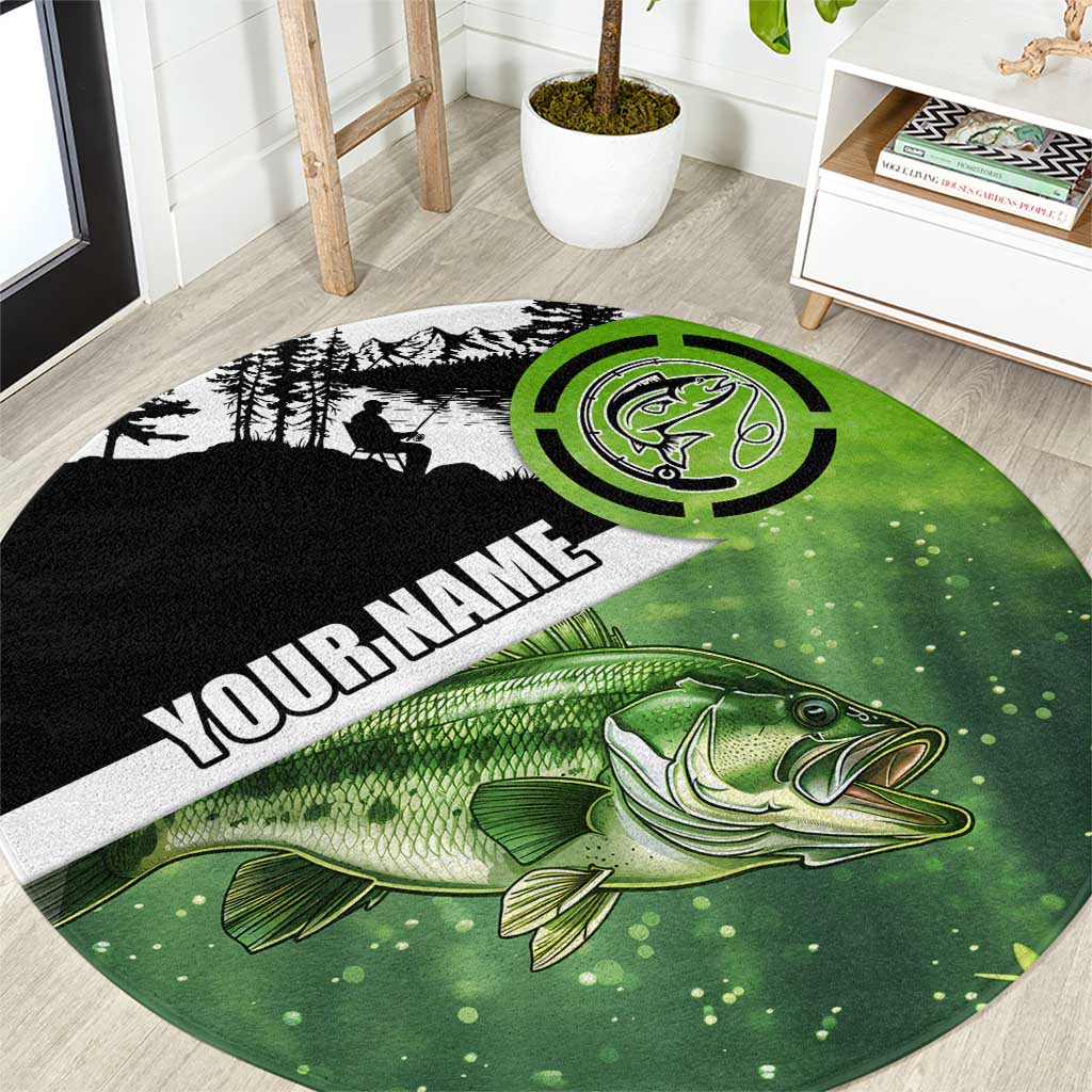 Green and Black Largemouth Bass Fishing Round Carpet Custom Name Design and Angler Silhouette Illustration - Wonder Print Shop