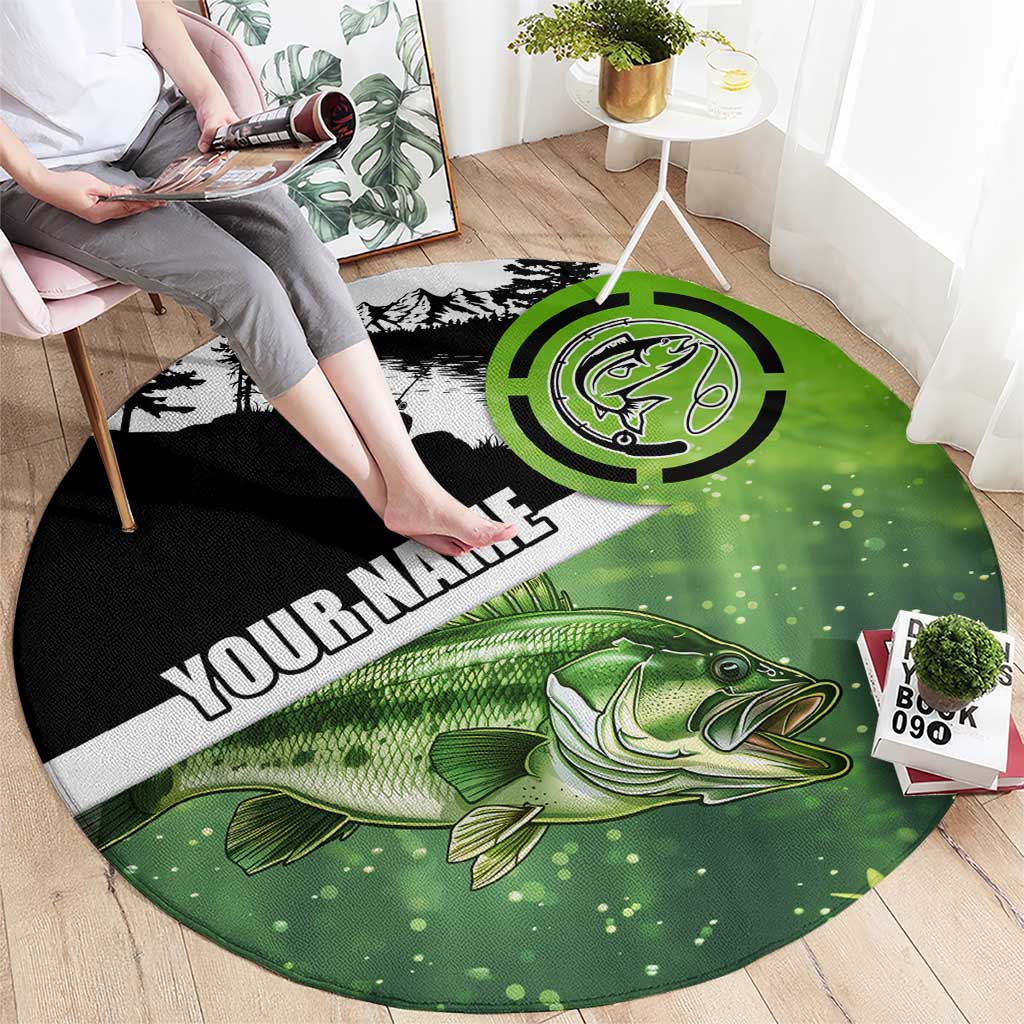 Green and Black Largemouth Bass Fishing Round Carpet Custom Name Design and Angler Silhouette Illustration - Wonder Print Shop