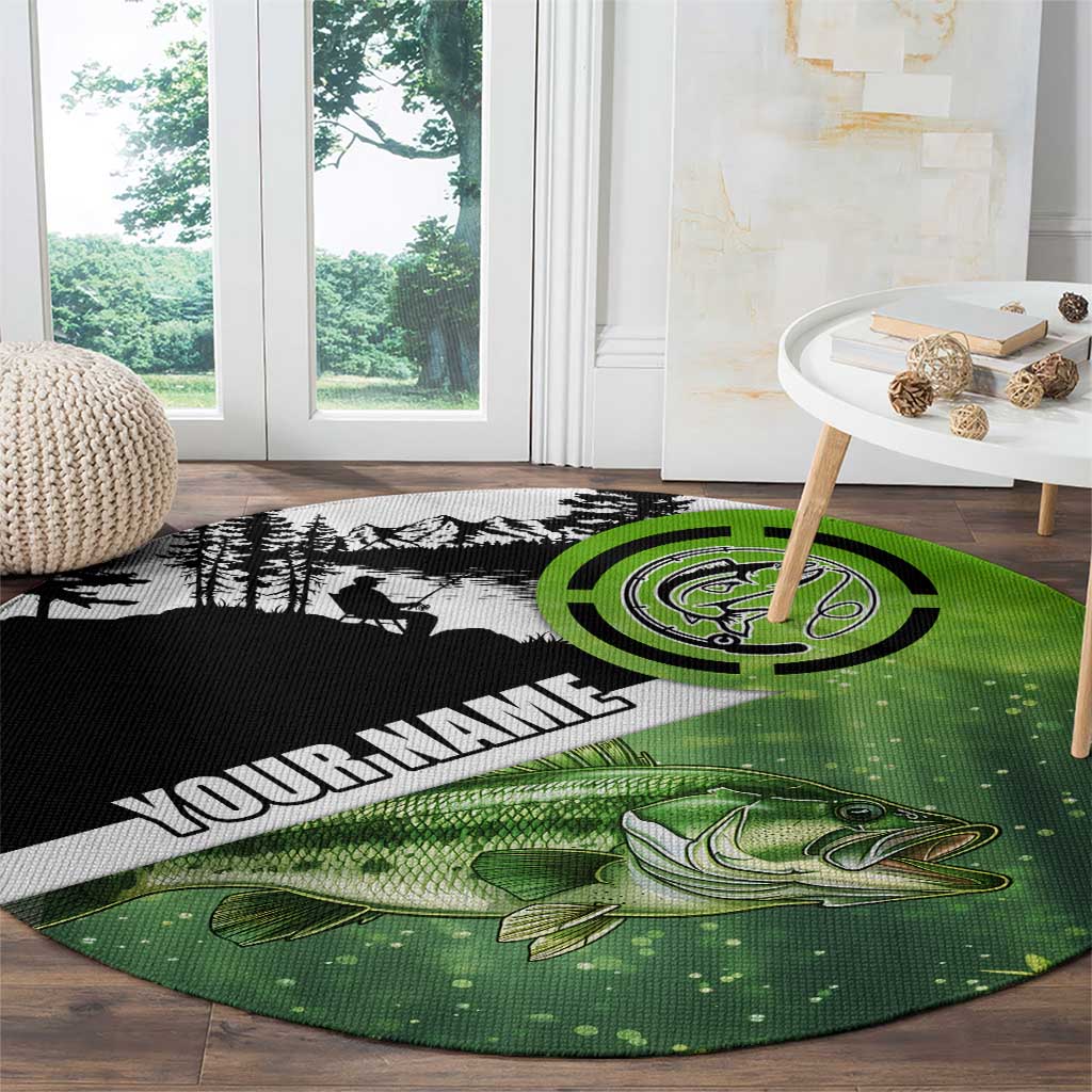 Green and Black Largemouth Bass Fishing Round Carpet Custom Name Design and Angler Silhouette Illustration - Wonder Print Shop