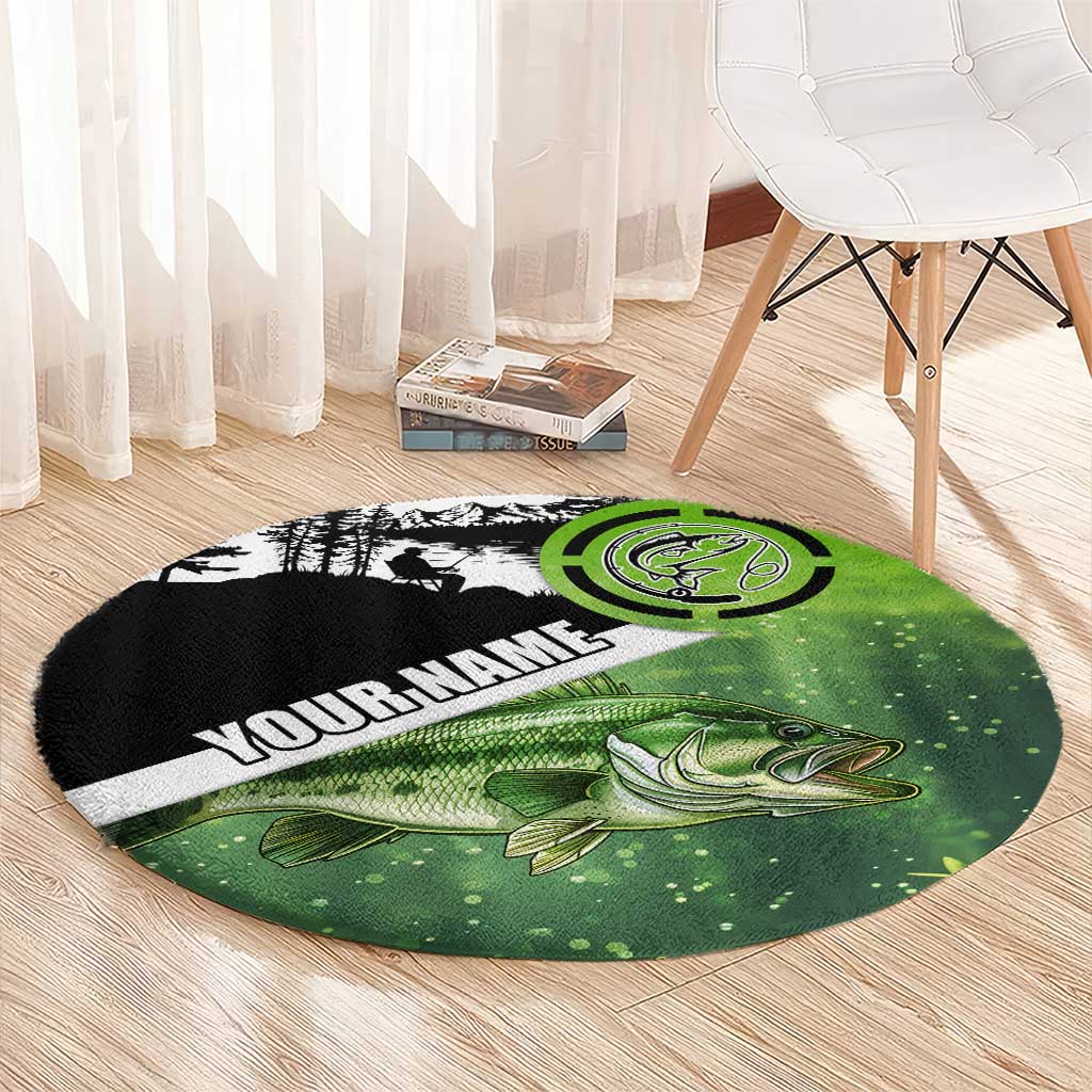 Green and Black Largemouth Bass Fishing Round Carpet Custom Name Design and Angler Silhouette Illustration - Wonder Print Shop