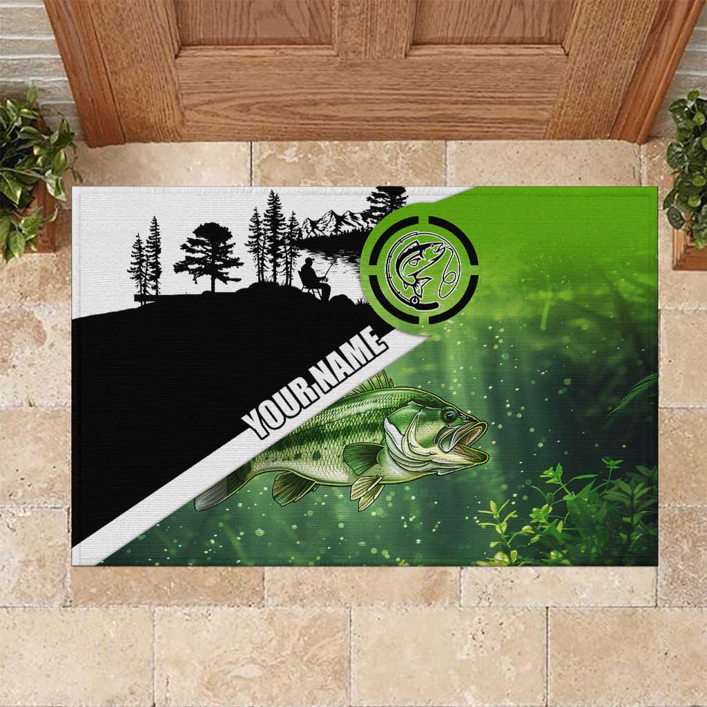 Green and Black Largemouth Bass Fishing Rubber Doormat Custom Name Design and Angler Silhouette Illustration - Wonder Print Shop