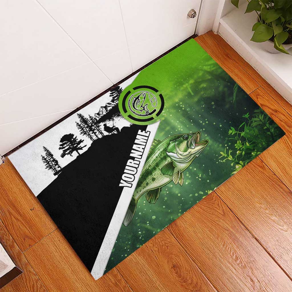 Green and Black Largemouth Bass Fishing Rubber Doormat Custom Name Design and Angler Silhouette Illustration - Wonder Print Shop