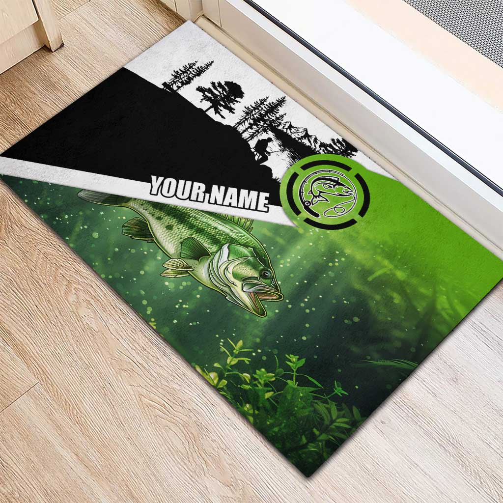 Green and Black Largemouth Bass Fishing Rubber Doormat Custom Name Design and Angler Silhouette Illustration - Wonder Print Shop