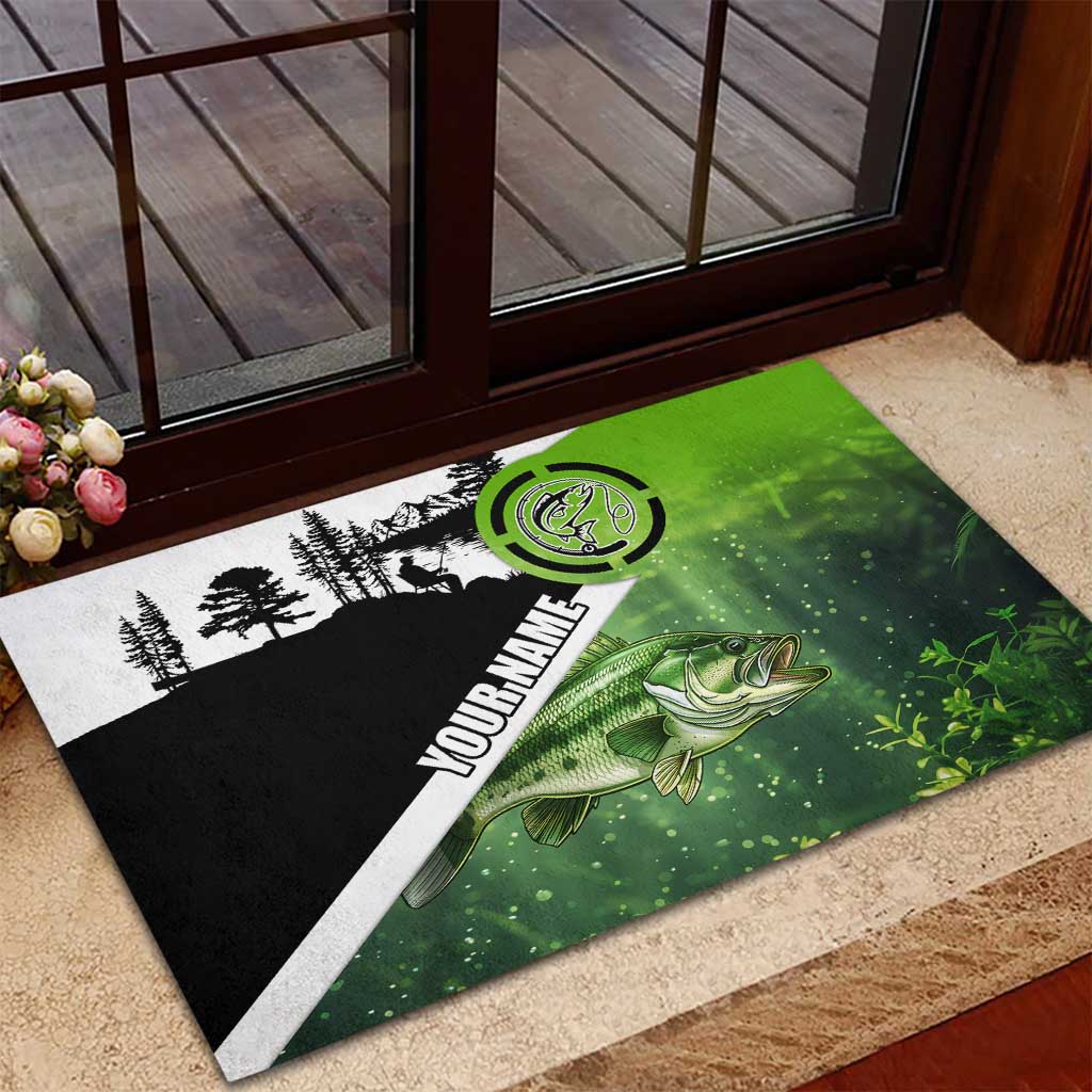 Green and Black Largemouth Bass Fishing Rubber Doormat Custom Name Design and Angler Silhouette Illustration - Wonder Print Shop