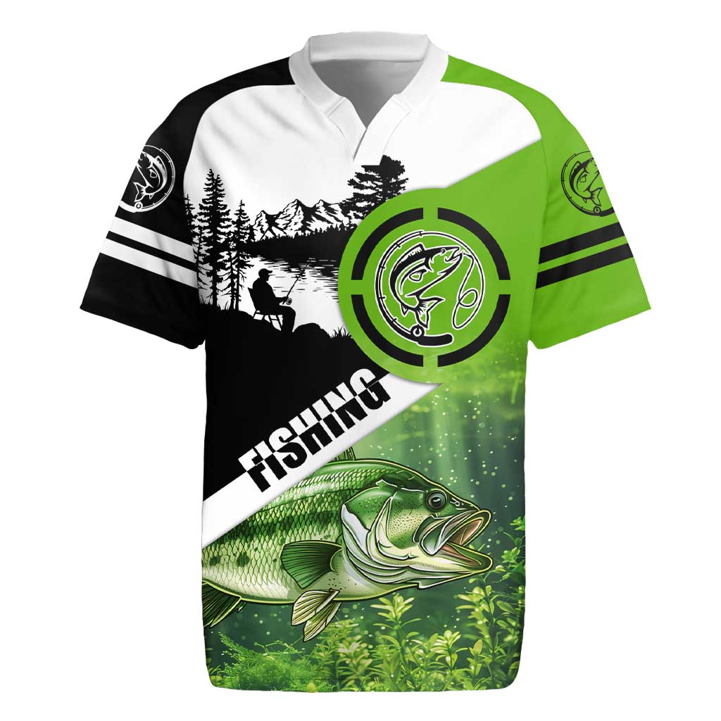 Green and Black Largemouth Bass Fishing Rugby Jersey Custom Name Design and Angler Silhouette Illustration - Wonder Print Shop