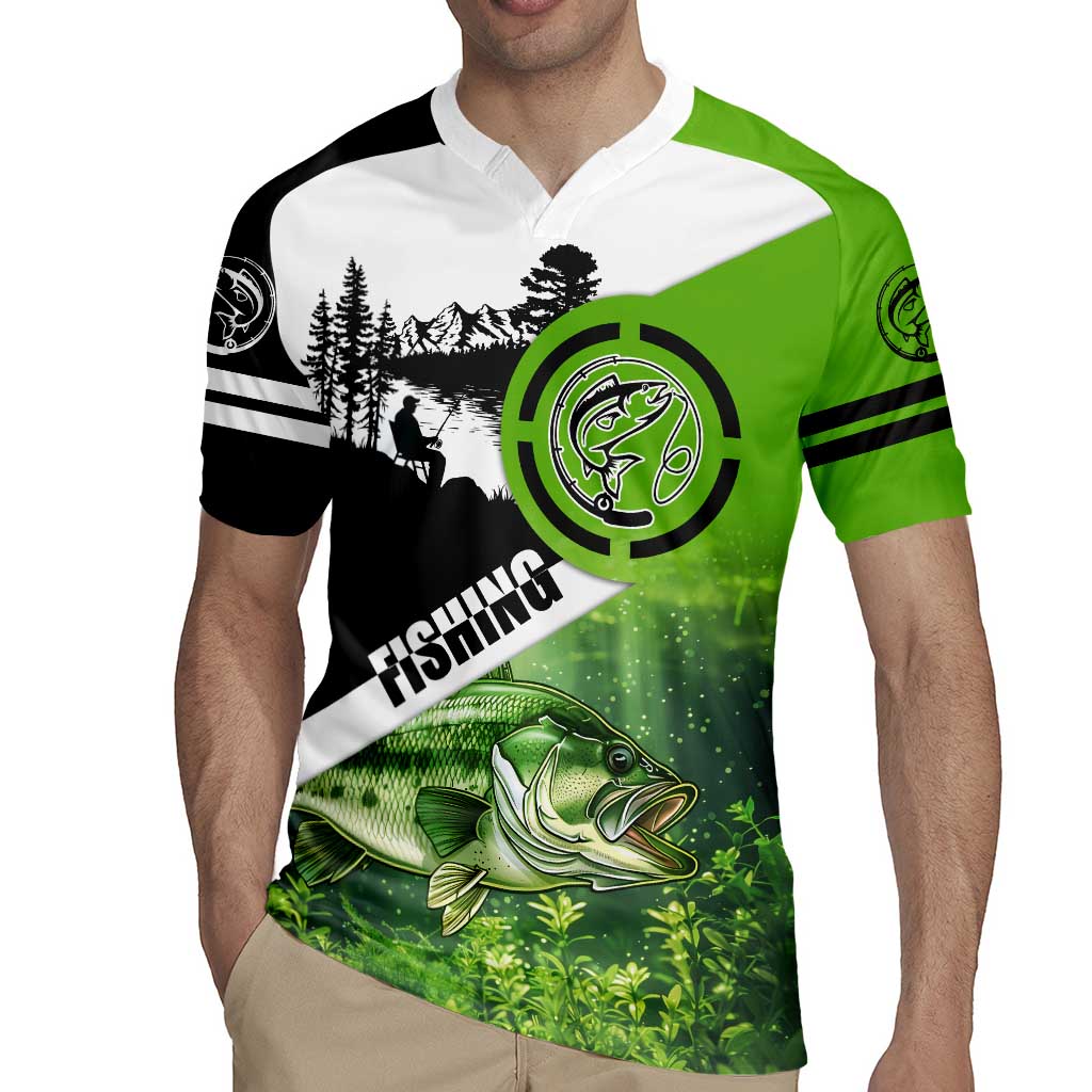 Green and Black Largemouth Bass Fishing Rugby Jersey Custom Name Design and Angler Silhouette Illustration - Wonder Print Shop