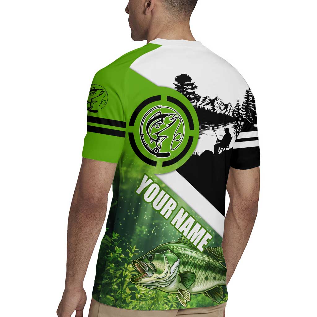 Green and Black Largemouth Bass Fishing Rugby Jersey Custom Name Design and Angler Silhouette Illustration - Wonder Print Shop