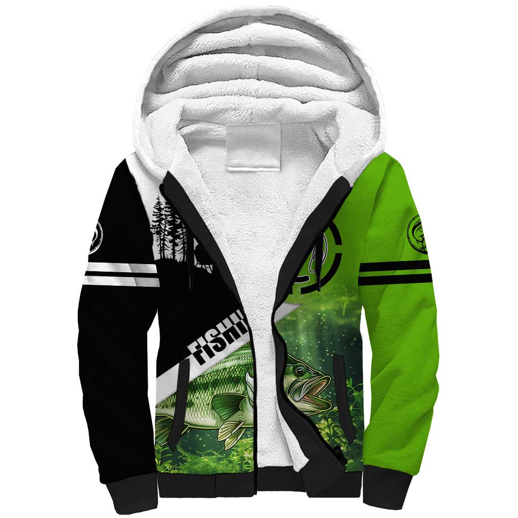 Green and Black Largemouth Bass Fishing Sherpa Hoodie Custom Name Design and Angler Silhouette Illustration - Wonder Print Shop