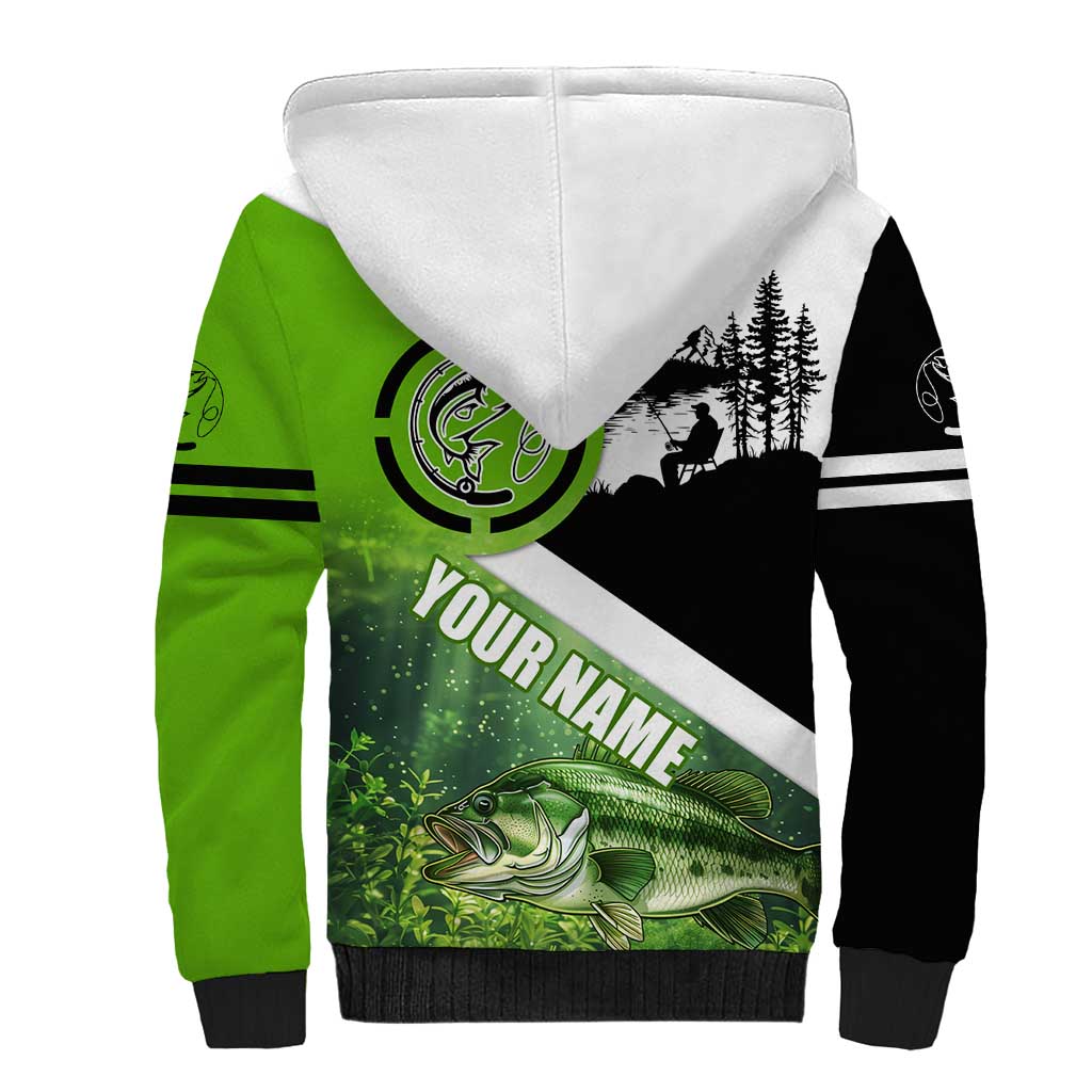Green and Black Largemouth Bass Fishing Sherpa Hoodie Custom Name Design and Angler Silhouette Illustration - Wonder Print Shop