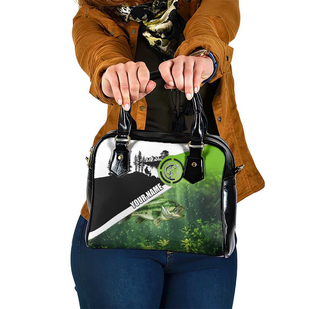 Green and Black Largemouth Bass Fishing Shoulder Handbag Custom Name Design and Angler Silhouette Illustration - Wonder Print Shop