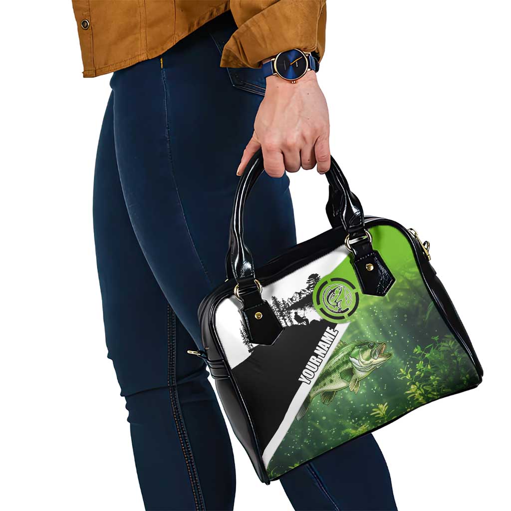 Green and Black Largemouth Bass Fishing Shoulder Handbag Custom Name Design and Angler Silhouette Illustration - Wonder Print Shop