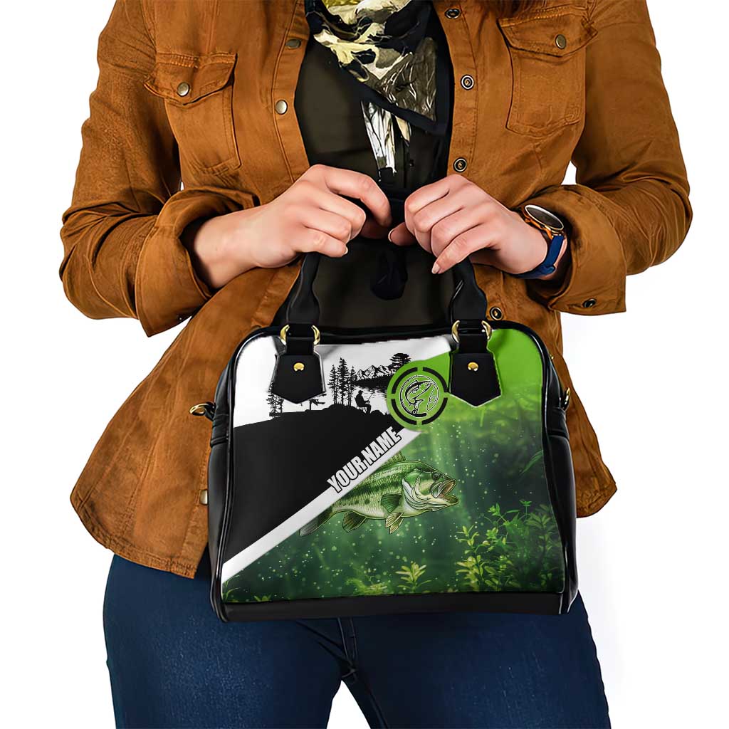 Green and Black Largemouth Bass Fishing Shoulder Handbag Custom Name Design and Angler Silhouette Illustration - Wonder Print Shop