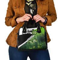 Green and Black Largemouth Bass Fishing Shoulder Handbag Custom Name Design and Angler Silhouette Illustration - Wonder Print Shop