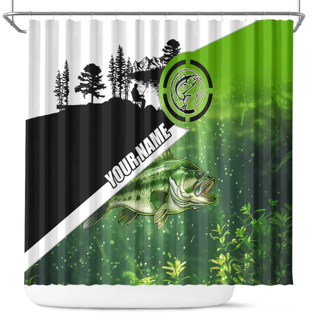 Green and Black Largemouth Bass Fishing Shower Curtain Custom Name Design and Angler Silhouette Illustration - Wonder Print Shop