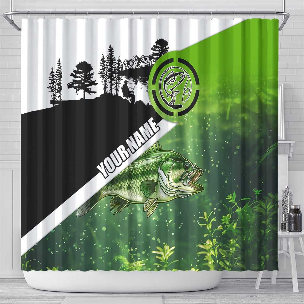 Green and Black Largemouth Bass Fishing Shower Curtain Custom Name Design and Angler Silhouette Illustration - Wonder Print Shop