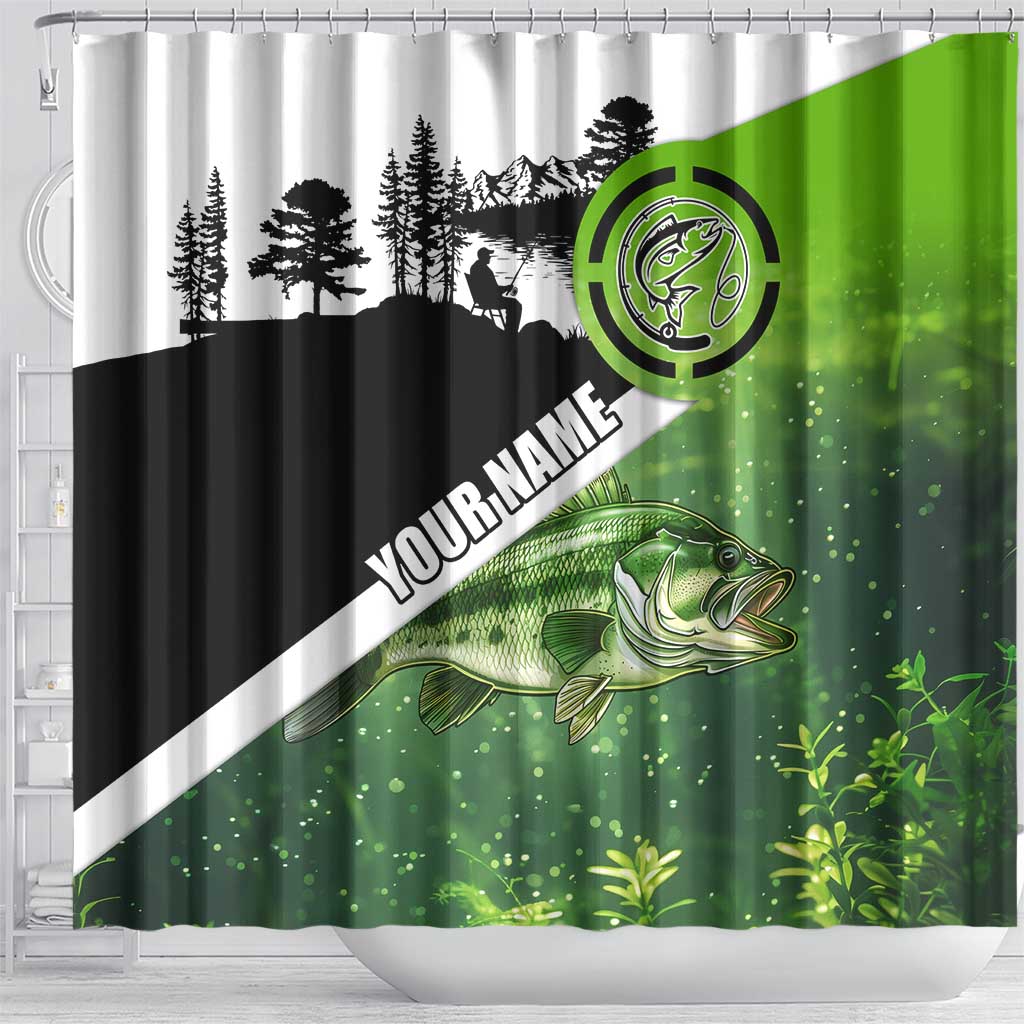 Green and Black Largemouth Bass Fishing Shower Curtain Custom Name Design and Angler Silhouette Illustration - Wonder Print Shop