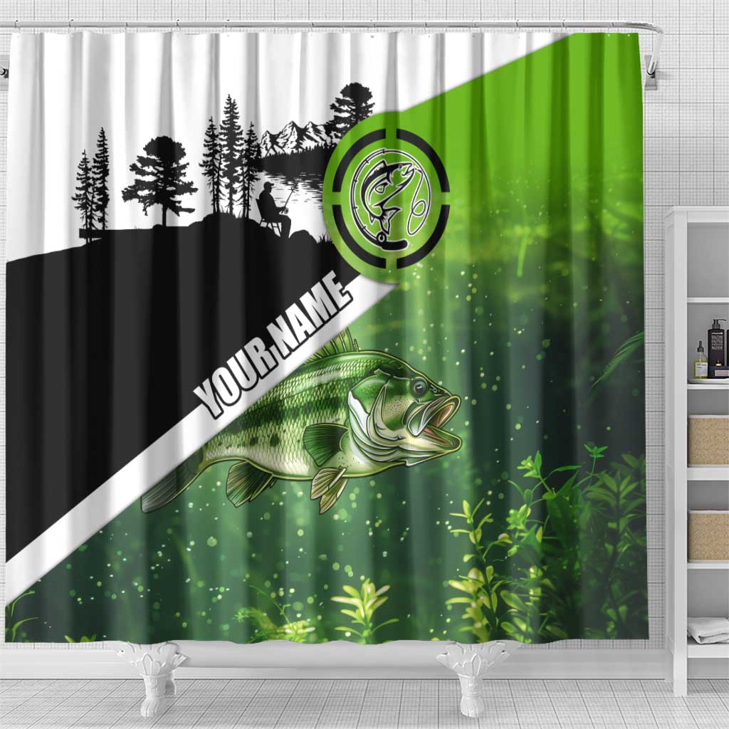 Green and Black Largemouth Bass Fishing Shower Curtain Custom Name Design and Angler Silhouette Illustration - Wonder Print Shop