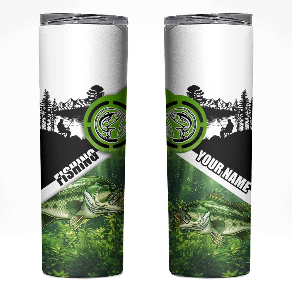 Green and Black Largemouth Bass Fishing Skinny Tumbler Custom Name Design and Angler Silhouette Illustration - Wonder Print Shop