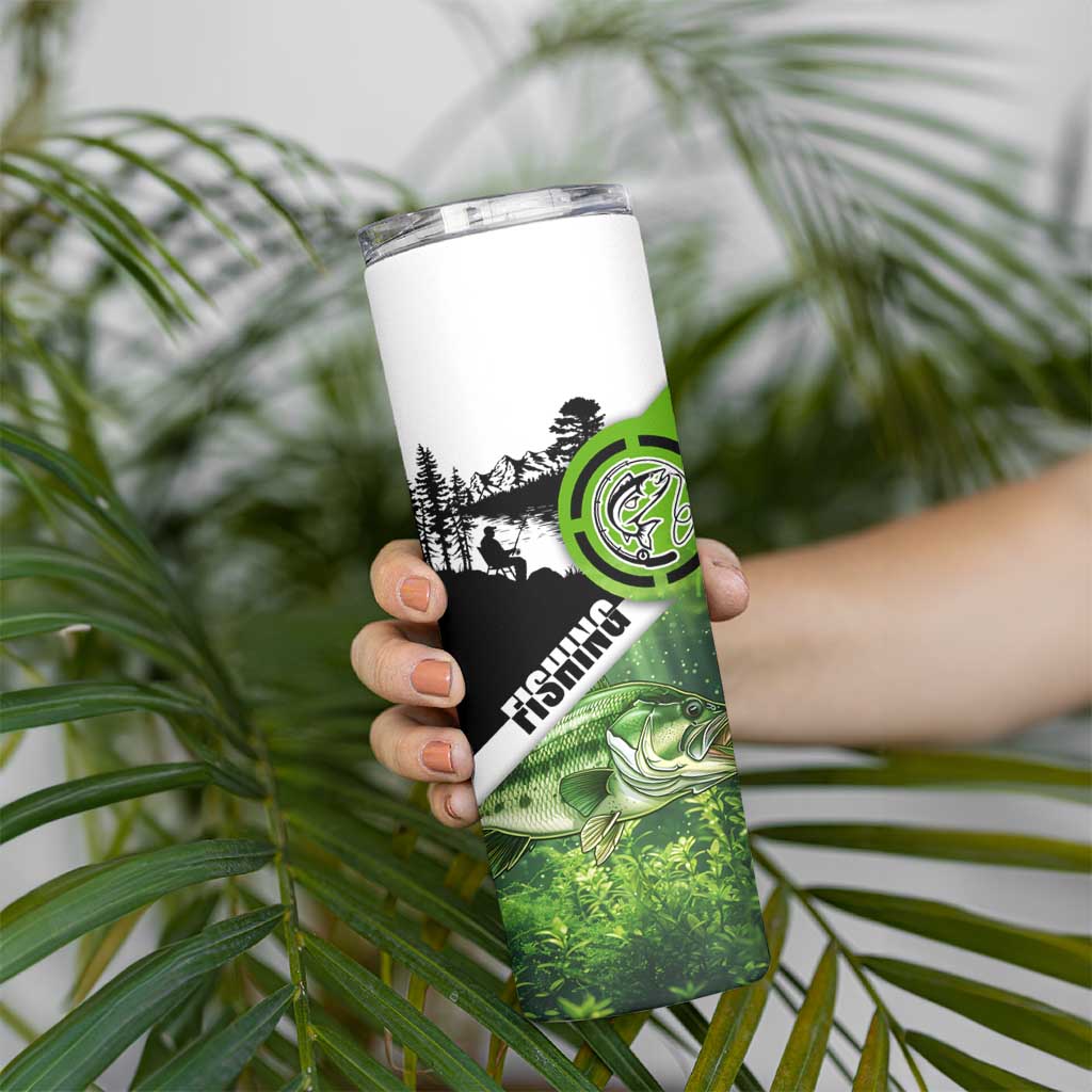 Green and Black Largemouth Bass Fishing Skinny Tumbler Custom Name Design and Angler Silhouette Illustration - Wonder Print Shop