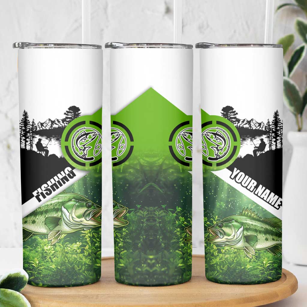 Green and Black Largemouth Bass Fishing Skinny Tumbler Custom Name Design and Angler Silhouette Illustration - Wonder Print Shop