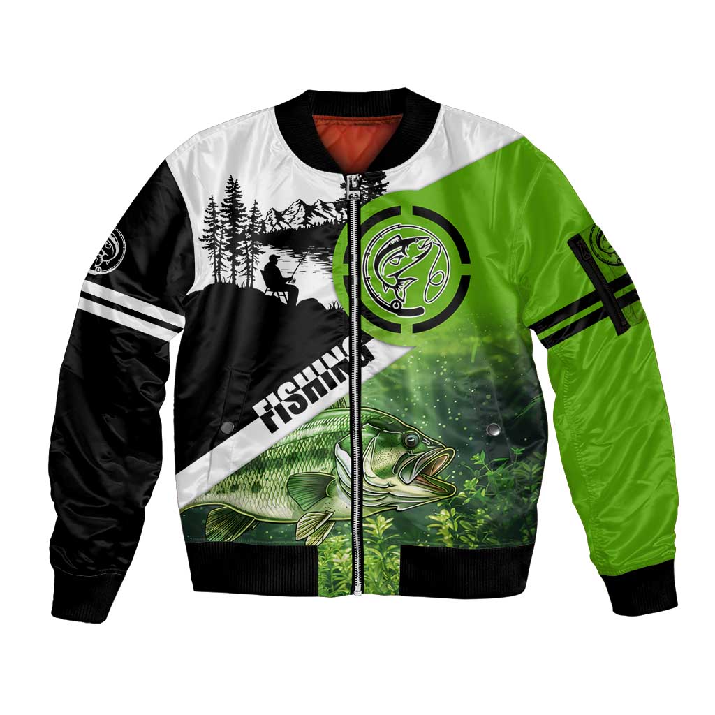 Green and Black Largemouth Bass Fishing Sleeve Zip Bomber Jacket Custom Name Design and Angler Silhouette Illustration - Wonder Print Shop