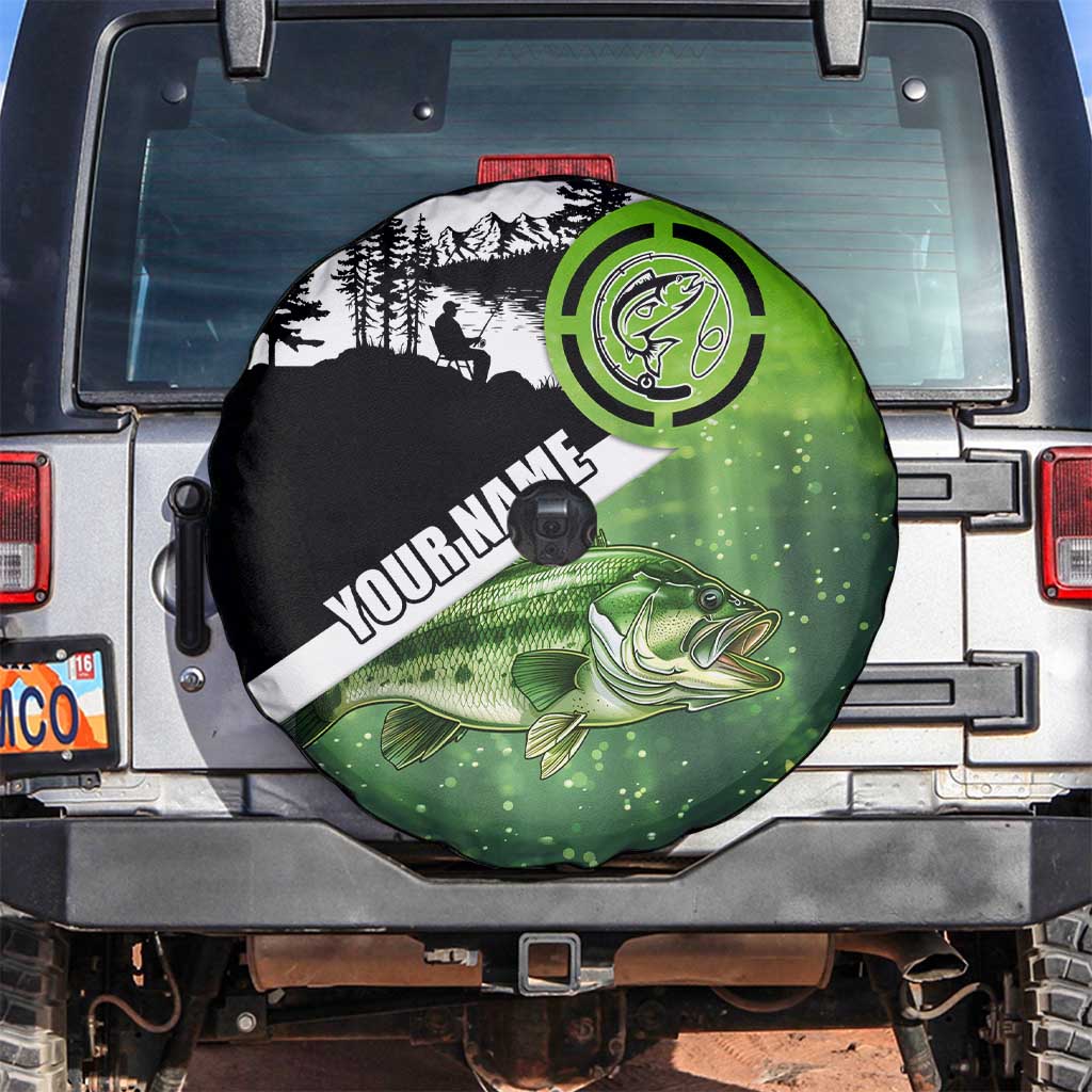 Green and Black Largemouth Bass Fishing Spare Tire Cover Custom Name Design and Angler Silhouette Illustration - Wonder Print Shop