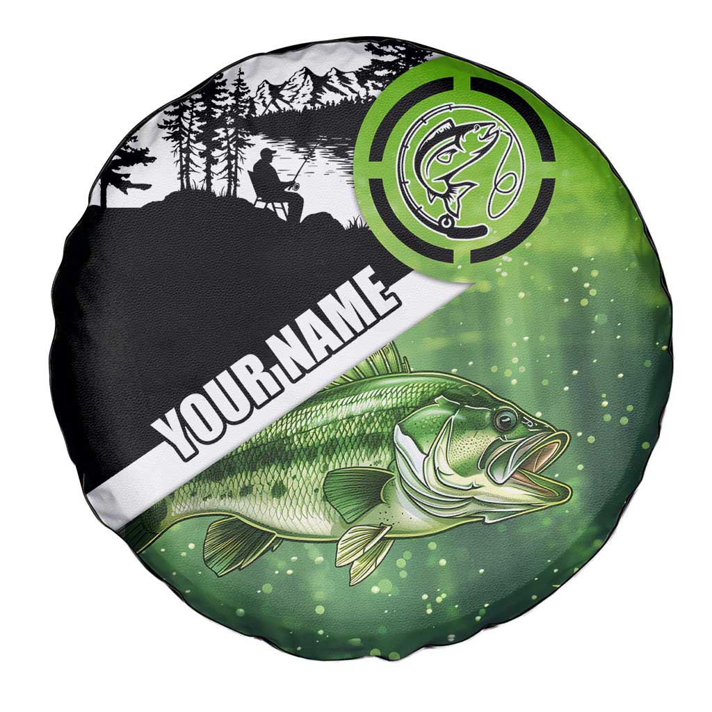 Green and Black Largemouth Bass Fishing Spare Tire Cover Custom Name Design and Angler Silhouette Illustration - Wonder Print Shop