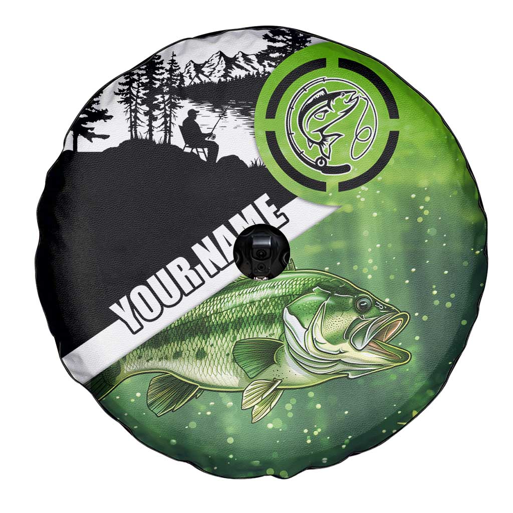Green and Black Largemouth Bass Fishing Spare Tire Cover Custom Name Design and Angler Silhouette Illustration - Wonder Print Shop