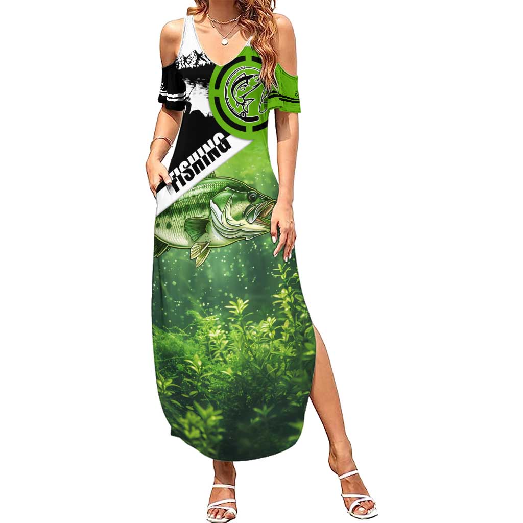 Green and Black Largemouth Bass Fishing Summer Maxi Dress Custom Name Design and Angler Silhouette Illustration - Wonder Print Shop
