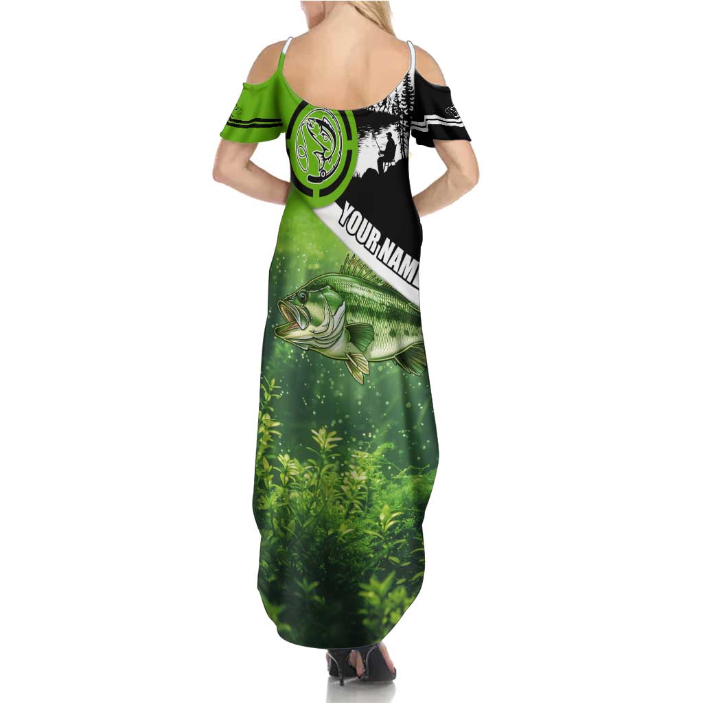 Green and Black Largemouth Bass Fishing Summer Maxi Dress Custom Name Design and Angler Silhouette Illustration - Wonder Print Shop