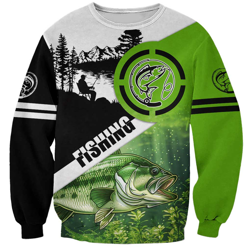 Green and Black Largemouth Bass Fishing Sweatshirt Custom Name Design and Angler Silhouette Illustration - Wonder Print Shop