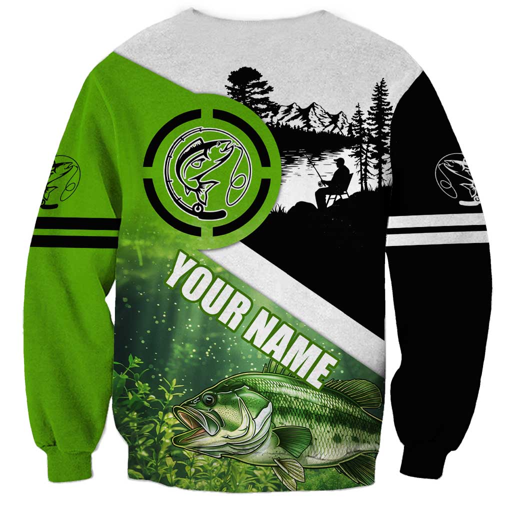Green and Black Largemouth Bass Fishing Sweatshirt Custom Name Design and Angler Silhouette Illustration - Wonder Print Shop