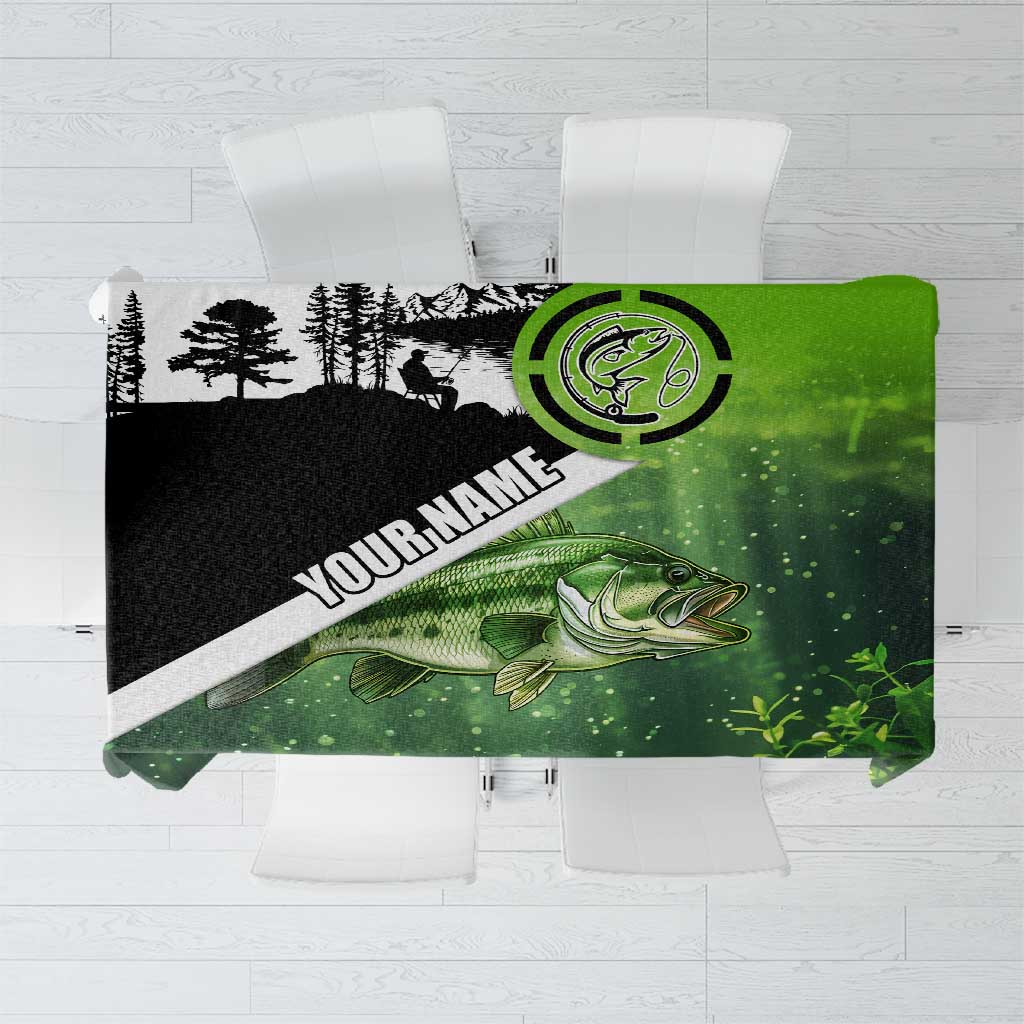 Green and Black Largemouth Bass Fishing Tablecloth Custom Name Design and Angler Silhouette Illustration - Wonder Print Shop