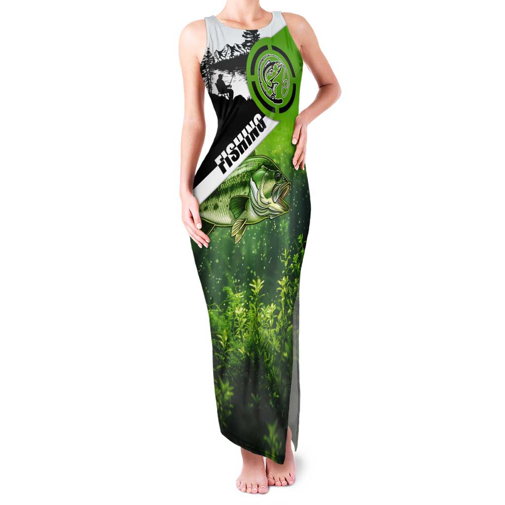 Green and Black Largemouth Bass Fishing Tank Maxi Dress Custom Name Design and Angler Silhouette Illustration - Wonder Print Shop