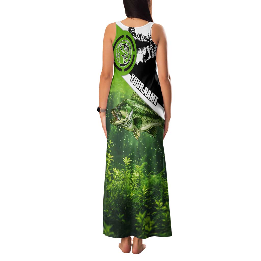 Green and Black Largemouth Bass Fishing Tank Maxi Dress Custom Name Design and Angler Silhouette Illustration - Wonder Print Shop