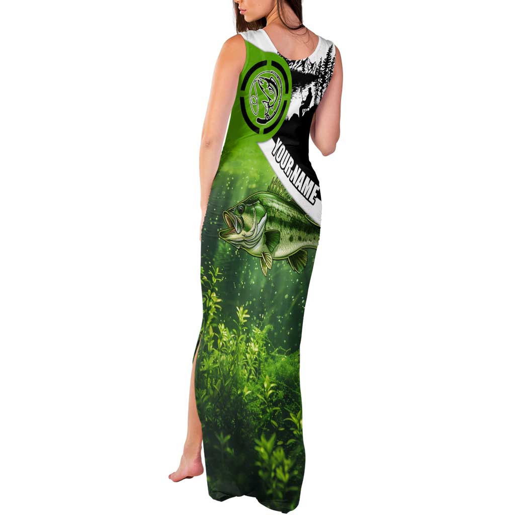 Green and Black Largemouth Bass Fishing Tank Maxi Dress Custom Name Design and Angler Silhouette Illustration - Wonder Print Shop