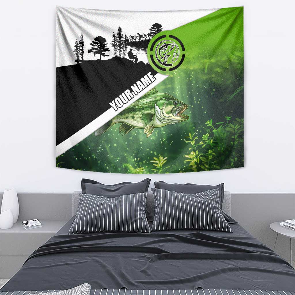 Green and Black Largemouth Bass Fishing Tapestry Custom Name Design and Angler Silhouette Illustration - Wonder Print Shop
