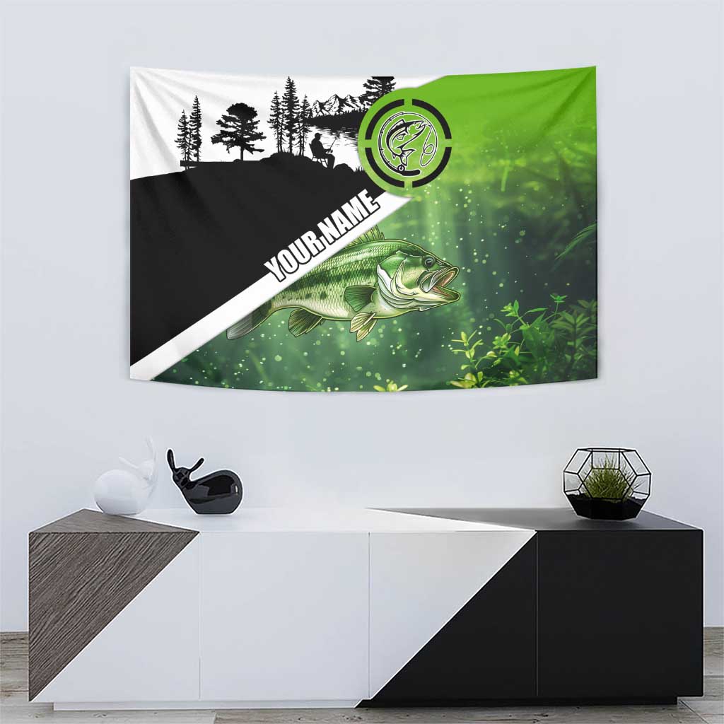 Green and Black Largemouth Bass Fishing Tapestry Custom Name Design and Angler Silhouette Illustration - Wonder Print Shop